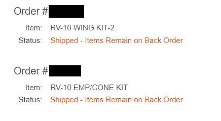 RV-10 kit status page showing two kits status as shipped