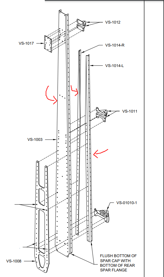 Technical drawing of vertical stabilizer spar with hole drilling instructions