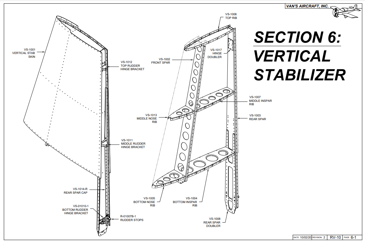 Van's Aircraft build manual Section 6: Vertical Stabilizer. It has an isometric technical drawing of the finished vertical stabilizer as well as a cutaway so one can see the interior.