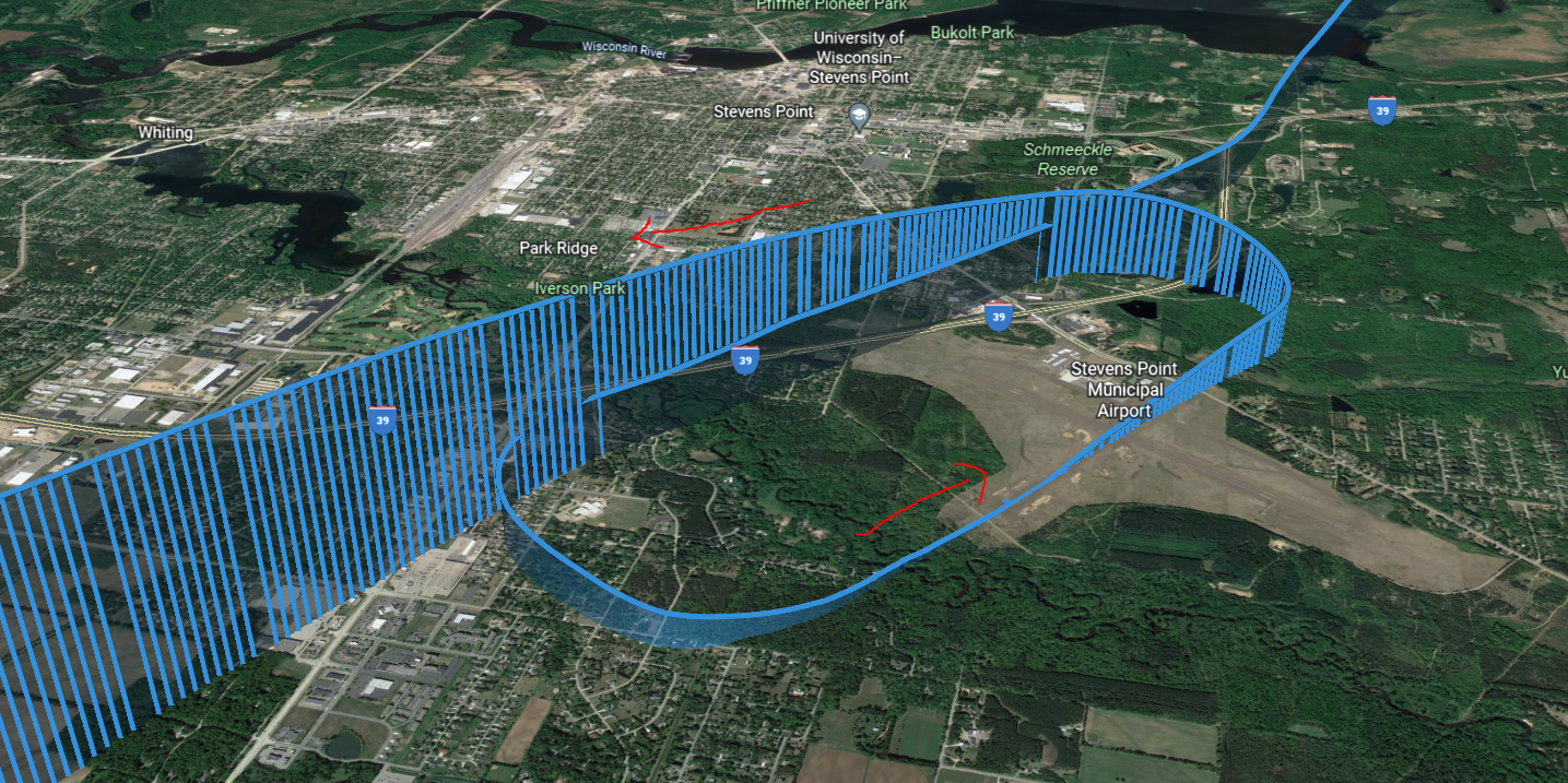 Flight path overlaid on satellite imagery of Stevens Point Municipal Airport
