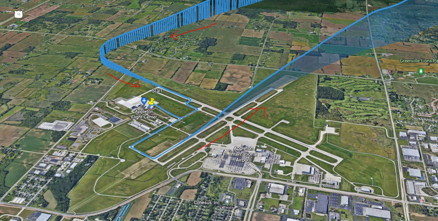 Flight path overlaid on satellite imagery of Appleton International Airport