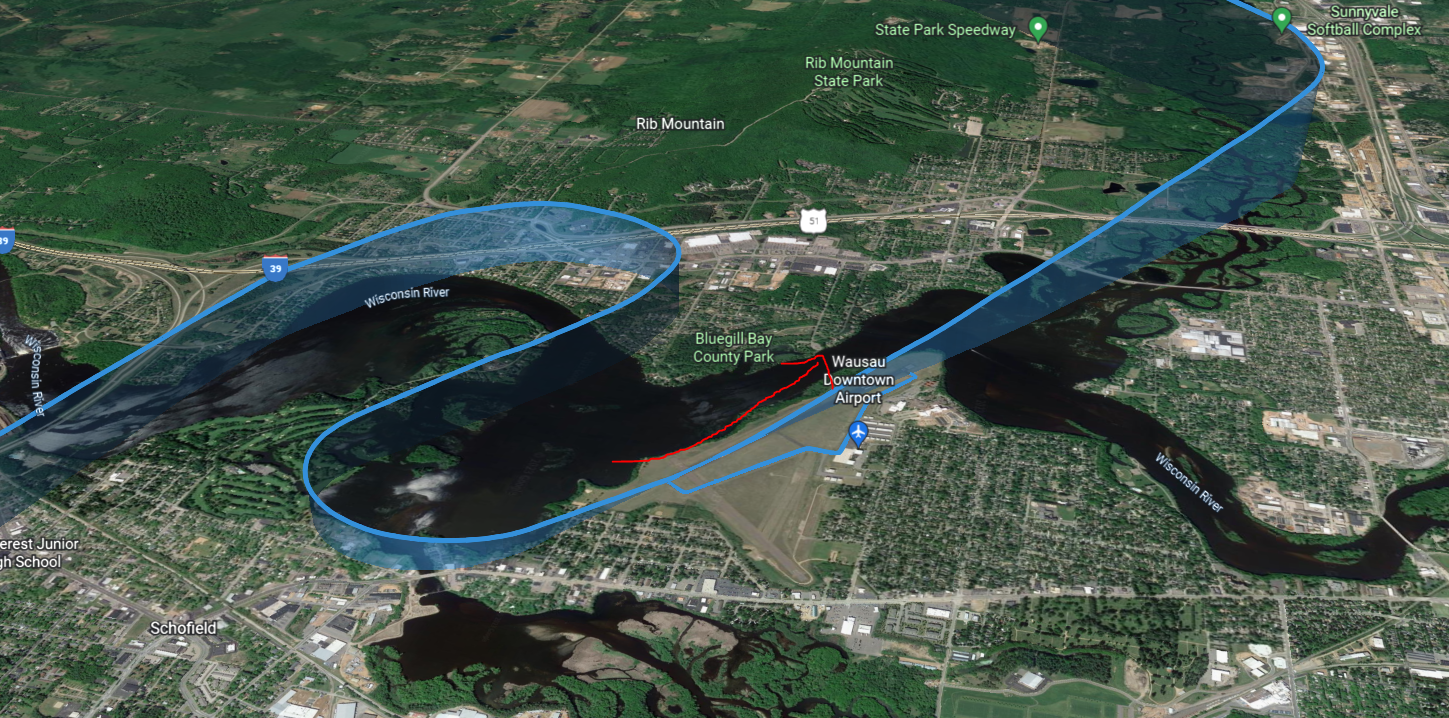 Flight path overlaid on satellite imagery of Wausau Downtown Airport