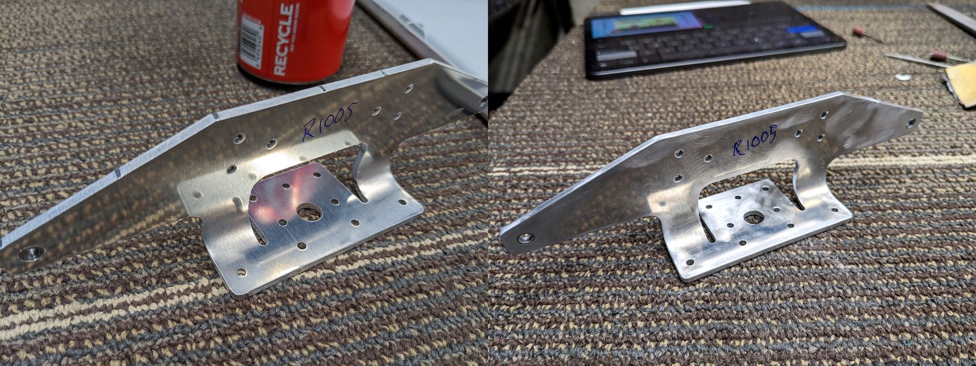 Before and after image of the rudder horn being cleaned up